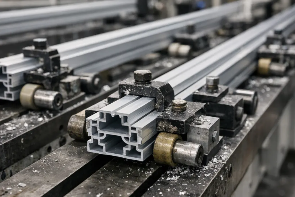 Re-clamping aluminum profiles during batch machining, showing how repeated positioning can affect consistency