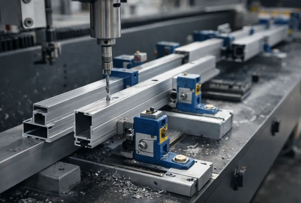 Re-clamping aluminum profiles during machining, showing how repositioning can affect length accuracy