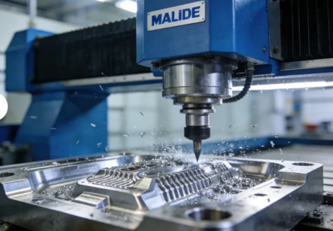 A MALIDE CNC machine working on a metal part, with metal shavings flying off during the milling process. The image highlights the machine's precision and efficiency in shaping the material.