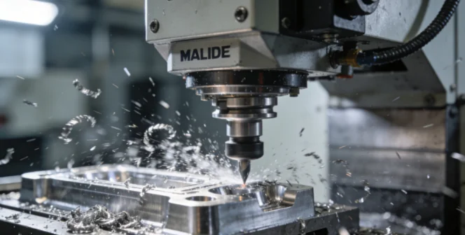 A close-up of a MALIDE CNC machine cutting metal, with flying metal shavings, demonstrating the machine's precision and high-performance capabilities in manufacturing.