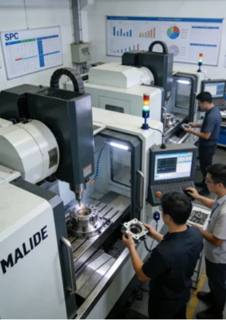 CNC machines in operation with operators monitoring and inspecting parts.
