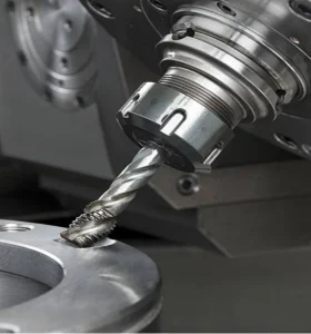 The image shows a CNC milling cutter precisely machining a metal workpiece