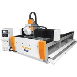 The image shows a CNC water jet cutting machine with an integrated control panel