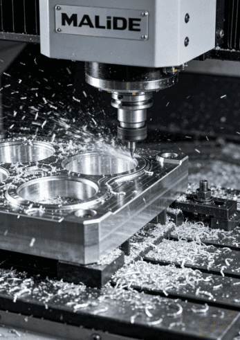 A close-up of a MALIDE CNC machine in action, cutting metal with precision. The image shows a CNC milling process with metal shavings flying off the part as it is being worked on, highlighting the machine's high-performance capabilities