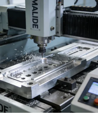 CNC machine milling a metal part with chips flying.