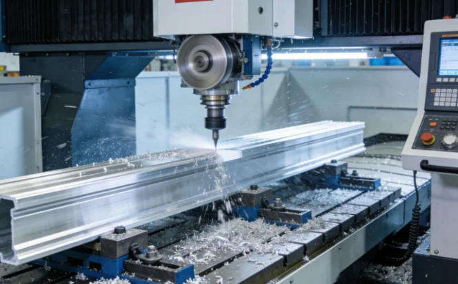 CNC machine milling an aluminum profile with chips flying.