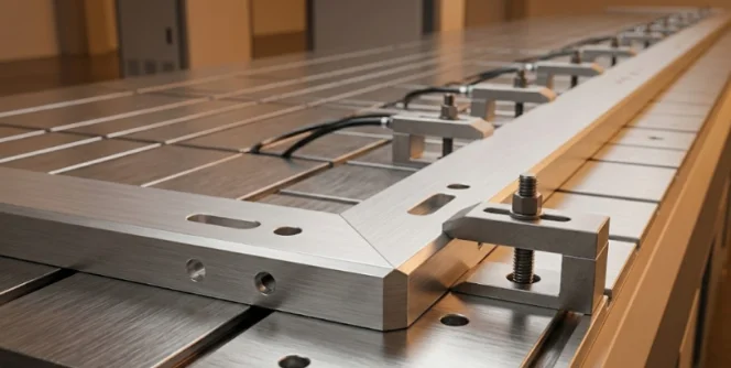 CNC table clamps holding aluminum profile with precise holes and slots.
