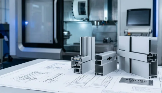 Aluminum profile sections on a technical blueprint.
