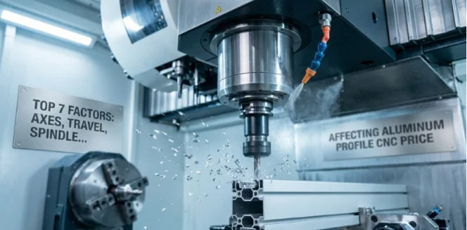 CNC machine cutting aluminum with text plaques about price factors.