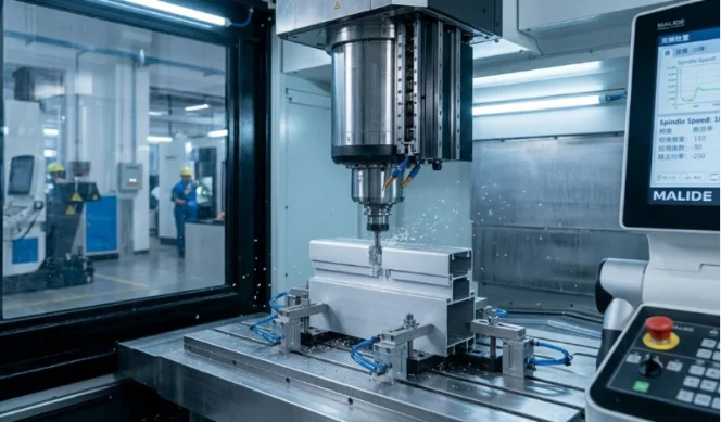CNC spindle milling an aluminum profile.