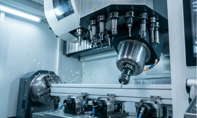 Close-up of a CNC automatic tool changer and spindle head.