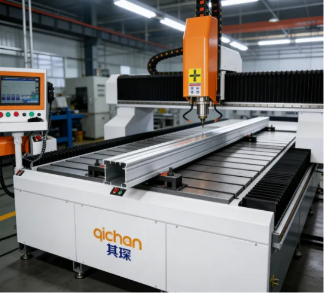 Industrial CNC machining center with a long aluminum profile on the table.