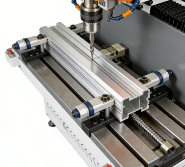Machining an aluminum profile with industrial drill.