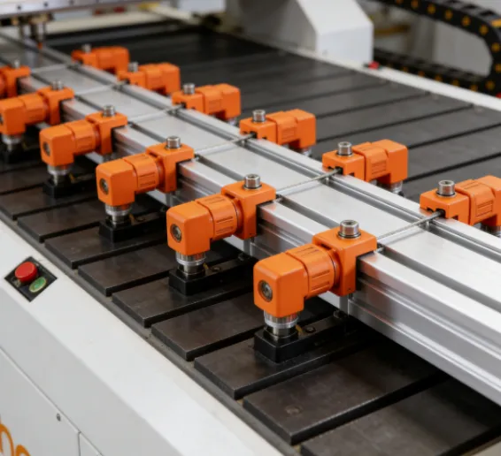 Multi-point orange pneumatic clamps securing a long aluminum profile.